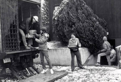 1983-11-23 photograph of Gifts. l-r: Paul Conditt, Marc Joop, Stan Shepard, Keith Petersen, Richard Beck. Donor: Potlatch Corporation, Lewiston.