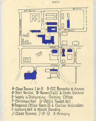 1945 University of Idaho campus (Illustration, Drawing or Map). Map of the buildings occupied by U.S. Navy, by H.C.D.