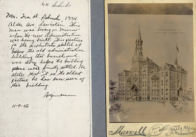 1956-11-09 photograph of Administration Building. Photograph of the old Administration with a letter. Donor: Ira D. Schuh.