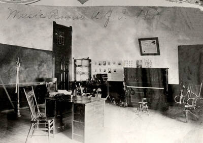 1897 photograph of Administration Building. View of the music room in the old Administration.