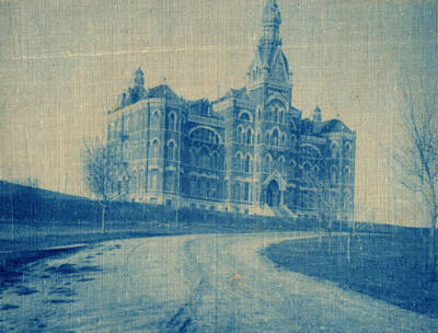 1903 photograph of Administration Building. Photograph printed in blue ink on fabric.