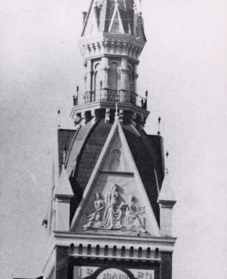 1900 photograph of Administration Building. View of the old Administration building tower relief.