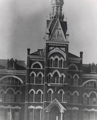1900 photograph of Administration Building. View of the old Administration building tower relief.
