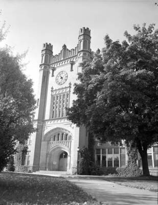 1945 photograph of Administration Building. View of the clock tower.