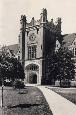 1935 photograph of Administration Building. View of the clock tower.