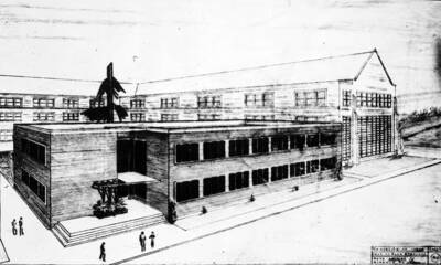 1900 photograph of Administration Building. Architect's drawing of annex.