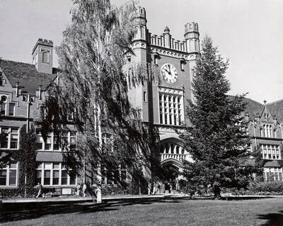 1938 photograph of Administration Building. View of clock tower. Donor: Barbara George.