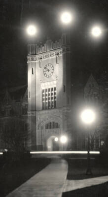 1929 photograph of Administration Building. View at night.