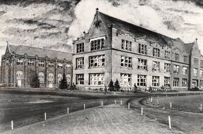 1937 photograph of Administration Building. Architect's drawing of new wing.