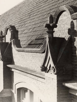 1936 photograph of Administration Building. View of roofline detail.