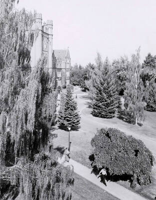 1936 photograph of Administration Building. View of the drive and front lawns.