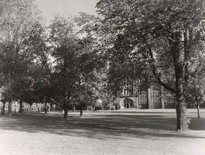 1936 photograph of Administration Building. View of the lawns.