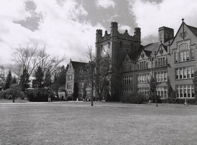 1948 photograph of Administration Building. View of the front lawns.