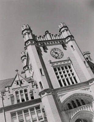 1950 photograph of Administration Building. View of the clock tower. Donor: Publications Dept.
