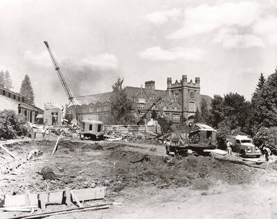 1951 photograph of Engineering Building. View of demolished site, Administration in the background. Donor: Publications Dept.