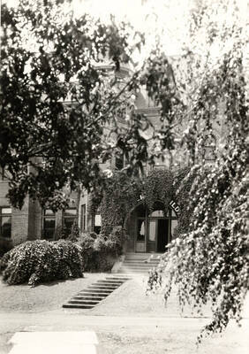 1935 photograph of Engineering Building. View from between the trees.