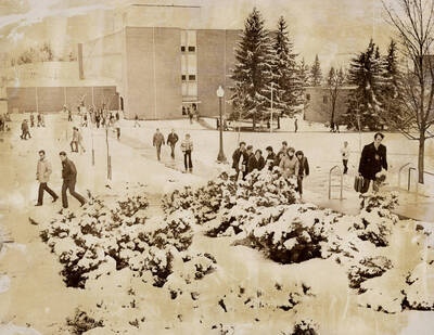1965 photograph of University of Idaho campus scenery. Students showed walking to class in the snow.
