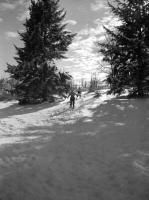 1945 photograph of University of Idaho campus scenery. View of students cross country skiing.