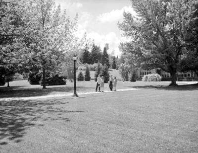 1950 photograph of University of Idaho campus scenery. Couples walk at Administration lawn.