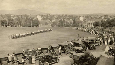 1910 photograph of University of Idaho campus. View of Moscow in the background. Donor: Mrs. Donn J. Thompson.