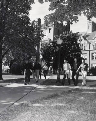 University of Idaho campuses scene. Students on administration building walkway.
