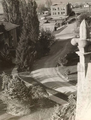 1940 photograph of University of Idaho campus scenery. View of campus from the Administration building.