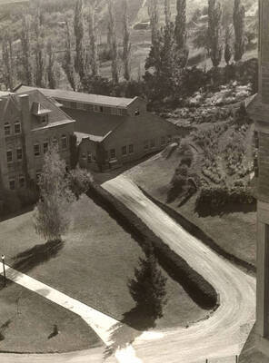 1940 photograph of Old engineering building and industrial arts building. View of campus from the Administration building.
