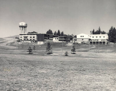 1960 photograph of University of Idaho campus scenery. View of the back of New Greek Row and the new water tower.