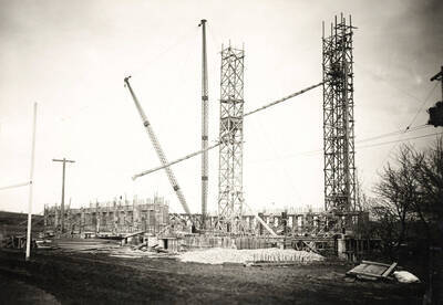 1928 photograph of Memorial Gymnasium. View of construction.
