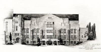 1950 photograph of Memorial Gymnasium. Architect's drawing of armory addition.