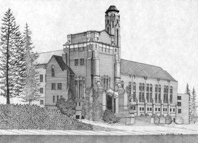 1976-03-01 photograph of Memorial Gymnasium. Ink sketch by R.F. Noritake.