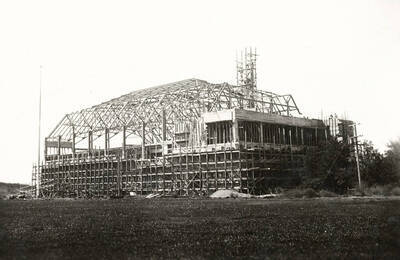 1928 photograph of Memorial Gymnasium. View of construction.