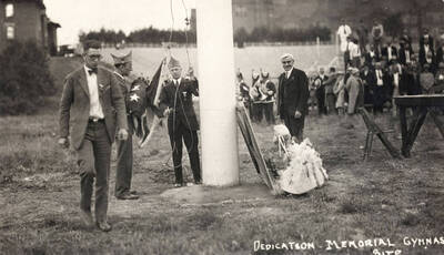 1927 photograph of Memorial Gymnasium. View of the site dedication. Donor: Hodgins.