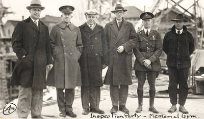 1928 photograph of Memorial Gymnasium. View of the inspection party.