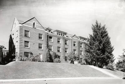1936 photograph of Lindley Hall. View of the fire escape ladders.