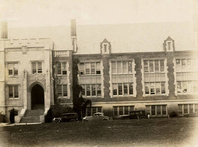1930 photograph of Science Hall Renamed Life Sciences Building in 1964. Automobiles parked in front.