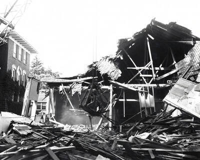 1965 photograph of Art and Architecture Building. View of the demolition.