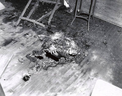 1970-05-01 photograph of Navy Building. View of a burned out classroom. Donor: Alumni Office.