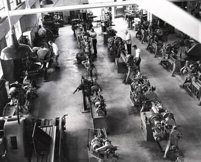 1942 photograph of Kirtley Engineering Laboratory. View of the shop interior. Donor: Publications Dept.
