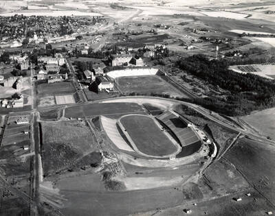1937 photograph of Neale Stadium. Aerial view shows Neale Stadium and Campus with Moscow in the background.