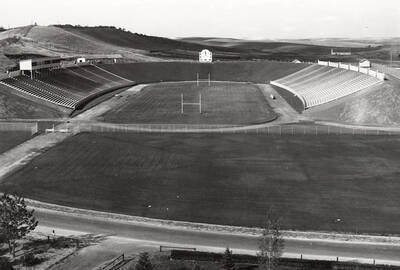 1938 photograph of Neale Stadium. View shows the score clock and the fields in the background.