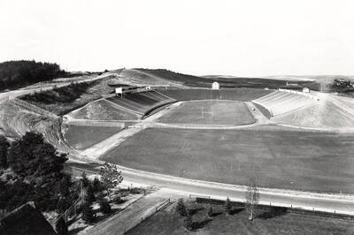 1938 photograph of Neale Stadium. View of the stadium from Rayburn Street.
