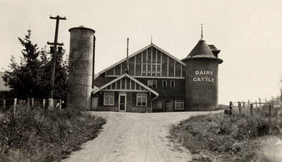1921 photograph of Dairy Barn. View of the drive up to the barn.