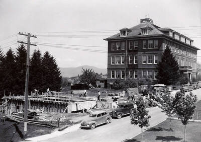 1942 photograph of Dairy Science Building. View of construction.