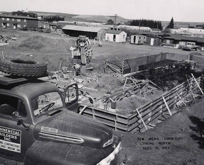 September 15, 1953 photograph of Gault Hall under construction. Truck in foreground.