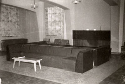 1955 photograph of Gault Hall. Interior photo of lounge area. Donor: Maurice Johnson.