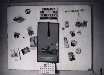 May 1, 1956 photograph of Gault Hall. Interior photograph of a bulletin board. Donor: Maurice Johnson.