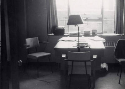May 1, 1956 photograph of Gault Hall. Interior photograph of a student room. Donor: Maurice Johnson.