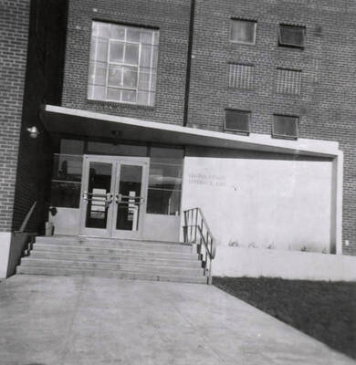 1956 photograph of Gault Hall. Entrance of the building. Donor: Maurice Johnson.