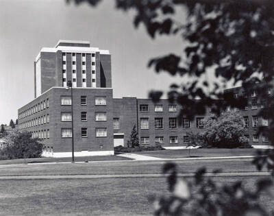 1970 photograph of Gault Hall. Theophilus Tower in background.